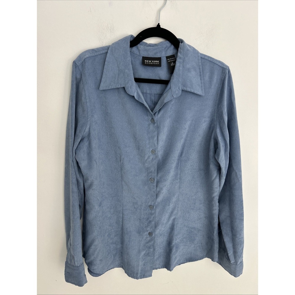 New York & Co Women L Long Sleeve Button Up‎ Soft Blue Suede Feel/Look Western